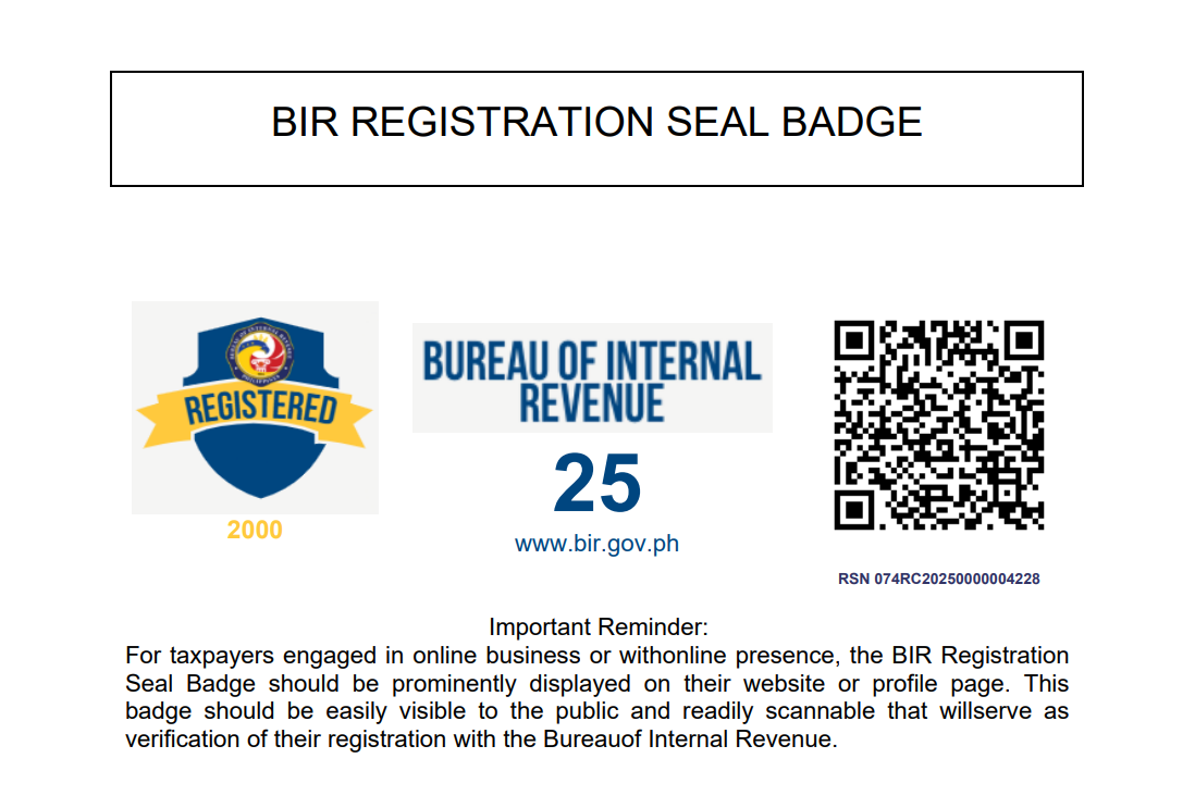 RJR Marketing’s original BIR Registration Seal Badge with registration number and verification QR code
